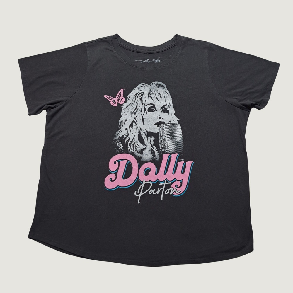 Dolly Parton Graphic T-Shirt Women 1X Dark Grey Excellent Short Sleeve Butterfly